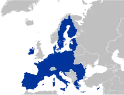 Grafische Europakarte mit blau markierten Staaten des Europäischen Binnenmarkts.