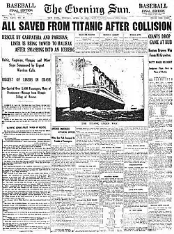 Titelseite der Zeitung “The Evening Sun” vom 15. April 1912, auf der fälschlicherweise von der Rettung aller Passagiere und des Abschleppens der beschädigten Titanic nach Halifax berichtet wird.