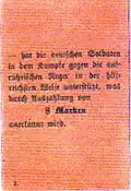 Originaltext: – hat die deutschen Soldaten in dem Kampfe gegen die aufrührerischen Neger in der aufrichtigsten Weise unterstützt, was durch Auszahlung von 8 Marken anerkannt wird.