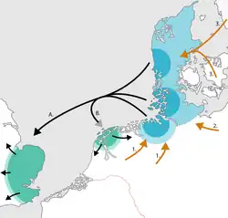 Position der nordseegermanischen Dialekte im 5. und 6. Jahrhundert. ﻿Migration der Jüten und Angeln (einschließlich der sächsischen Elite) nach England (A.) und Friesland (B.). ﻿Ausbreitung der Rhein-Weser-Dialekte (1.), Ausbreitung der slawischen Dialekte (2.), Ausbreitung der nordgermanischen Dialekte (3.).