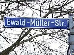 Blaues Straßenschild mit weißer Schrift. Aufschrift: Ewald-Müller-Str. Im Hintergrund sind die kahlen Äste eines Baums zu sehen