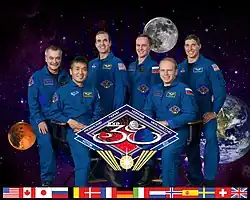 v.&nbsp;l.&nbsp;n.&nbsp;r.: Michail Tjurin, Kōichi Wakata, Richard Mastracchio, Sergei Rjasanski, Oleg Kotow und Michael Hopkins