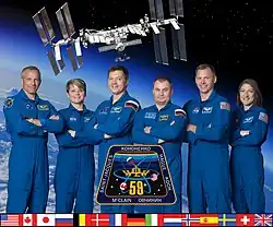 v. l. n. r.: David Saint-Jacques, Anne McClain, Oleg Kononenko (Kommandant), Alexei Owtschinin, Nick Hague und Christina Hammock Koch