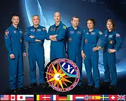 v. l. n. r.: Andrew Morgan, Alexander Skworzow, Luca Parmitano (Kommandant), Oleg Skripotschka, Jessica Meir und Christina Hammock Koch