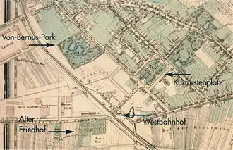 Liegenschaften der Familie Rohmer, Villa des Johann Conrad Rohmer oben rechts (um 1873)