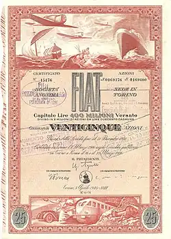 Sammelaktie der Fiat S.p.A. über 25 Aktien zu je 200 Lira, ausgestellt am 5. April 1940 in Turin, mit Unterschrift von Giovanni Agnelli als Präsident. Darstellung der gesamten Produktionspalette von Fiat: Automobile, Flugzeuge, Schiffsmotoren, Lokomotiven, Panzer und Traktoren.