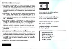 Zu sehen sind links die Nutzungsbedingungen und links Details und rechts das Logo der FIP und der Name des Partners (in diesen Fall die deutsche Bahn).