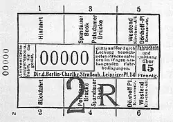 Teilstreckenfahrschein über 15&nbsp;Pfennig für eine Linie im Anschlussbetrieb zwischen Spandauer Bock und Dönhoffplatz