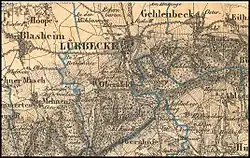 Kreis Lübbecke. Kartenausschnitt (1844). Kniebrink auf dem Gebiet des damaligen Lübbecke. (Gemeindegrenzen blau). Einstige Stadtgrenze bis zum Waldrand gegen Oberbauerschaft.