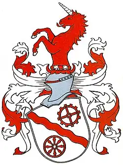 Wappen der Nachfahren des Hans Peter Drögemüller (1742–1773) mit rotem Einhorn derer von Böddenstedt