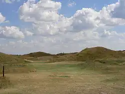 Loch 5, ein 164 Meter langes, blindes Par 3. Der rechte, hellere Pfahl gibt die Spiellinie an, links davon signalisiert das heruntergeklappte Eisenbahnsignal ein freies Grün.