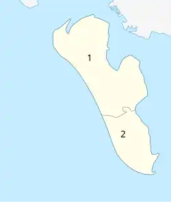 Lage der ehemaligen Kirchspiele Nordby Sogn und Sønderho Sogn in der Fanø Kommune 1=Nordby Sogn 2=Sønderho Sogn
