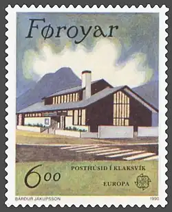 Postamt von Klaksvík auf einer Briefmarke des Postverk Føroya (Grafik von Bárður Jákupsson)