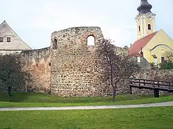 Mautern/Donau: Ruine des westlichen Hufeisenturmes von Westen