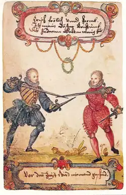 Mit Rapier und Parierdolch fechtende adlige Studenten um 1590