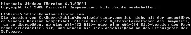 Meldung vom cmd.exe bei der Ausführung der EICAR-Testdatei unter Windows Vista 64-Bit