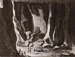 Stich von Faujas de Saint-Fond, der den untertägigen Basaltlavaabbau in Niedermendig zeigt.