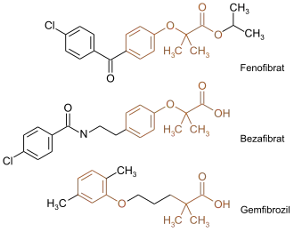 Strukturformeln von Fenofibrat, Bezafibrat und Gemfibrozil