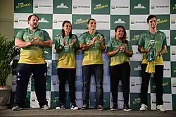 Die brasilianische Gewichthebermannschaft 2016 (v.&nbsp;l.&nbsp;n.&nbsp;r.): Fernando Reis, Rosane Santos, Mateus Gregório, Jaqueline Ferreira und Welisson Silva