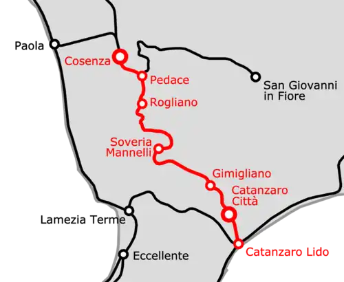 Streckenkarte Cosenza–Catanzaro Lido