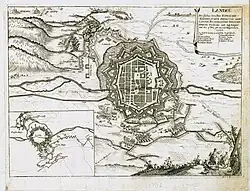 Kupferstich mit Draufsicht auf die Festung Landau, während der Belagerung von Landau im Jahr 1702 Originalbeschreibung: Landau wie solches von Ihro Römischen Kayserlichen Mayestät unter Comando Ihro Mayestät des Römischen Könichs nachts den und Iuly Belagert und den 9.9. per Accord Eingenomen worden