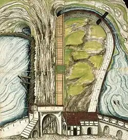 Fisierung des Seewasens im Stuttgarter Vogelsangbachtal, 1566.[3] Hinter dem ehemaligen Büchsentor der Stuttgarter Stadtmauer liegt das Mittlere Seewehr, das damals den Büchsensee vom Unteren See trennte, sowie die Verdolung des Vogelsangbaches zwischen den beiden Seen und ein Stellwehr.