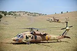 UH-60 Black Hawk Yanshuf der 123. Staffel „Desert Birds“ (gelbes Symbol am Heck) im Mai 2012