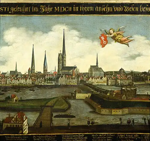 Bremen: Große Weserbrücke mit Brautbastei im Jahre 1602