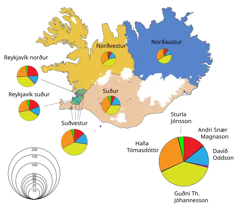 Ergebnisse nach Wahlkreisen (die relative Fläche der Kreise entspricht der jeweiligen Wählerzahl)