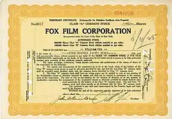 Aktie der Fox Film Corporation, ausgestellt auf und original signiert von William Fox als Präsident aus dem Jahr 1925