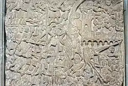 Belagerung einer Stadt. Dass hier der Tod Simons von Montfort dargestellt sei, lässt sich nicht belegen.