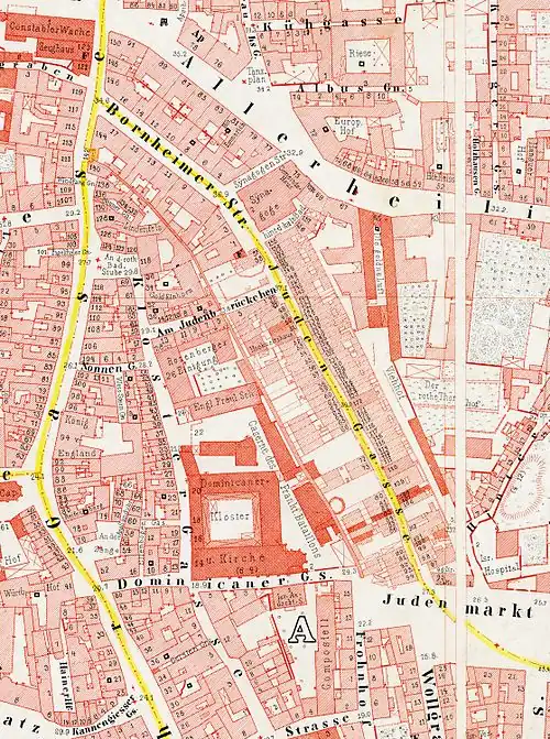 Ravensteinplan (1861). Das nördliche Drittel der alten Judengasse ist durch die breitere Bornheimer Straße ersetzt worden. Weiter südlich ist genau zu sehen, welche Häuser in der Judengasse abgerissen wurden.