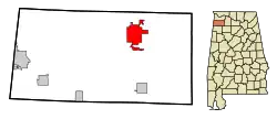 Lage von Russellville im Franklin County (links) und in Alabama (rechts)