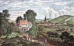 Ansicht von Freiburg mit Lorettokapelle, um 1840, gezeichnet von L. Mayer, Stahlstich von Le Keux