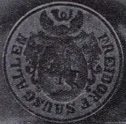 Siegel des Freidorfes Sausgaļciems (Sausgallen) mit Wappen und Posthorn (spiegelverkehrt)[50]