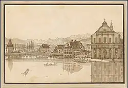 Kapellbrücke mit Freienhof als Südtor (vor der ersten Aufschüttung von 1833)