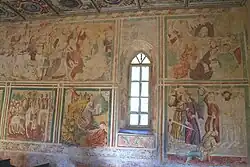 oben v.&nbsp;l.&nbsp;n.&nbsp;r.: Anbetung der Könige (Forts.), das letzte Abendmahl unten v.&nbsp;l.&nbsp;n.&nbsp;r.: Einzug in Jerusalem, Gebet auf dem Ölberg, Gefangennahme Jesu