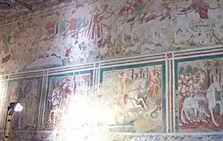 oben: Anbetung der Könige (Forts.) unten v.&nbsp;l.&nbsp;n.&nbsp;r.: Apollonia, Leonhard, Barbara, der heilige Martin, der heilige Georg, Einzug in Jerusalem