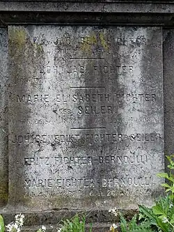 Carl Friedrich Rudolf «Fritz» Fichter-Bernoulli (1869–1952). Familien: Fichter-Schlittler-Gatzi-Seiler-Bernoulli-Schlittler. Grab auf dem Wolfgottesacker, Basel.