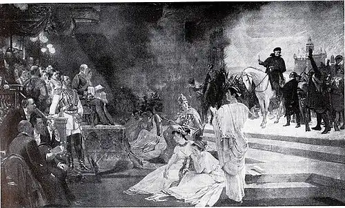 Festspiel vor Kaiser Wilhelm&nbsp;I. im Malkasten am 6. September 1877, Wandgemälde von Fritz Neuhaus im Neuen Rathaus (Düsseldorf)