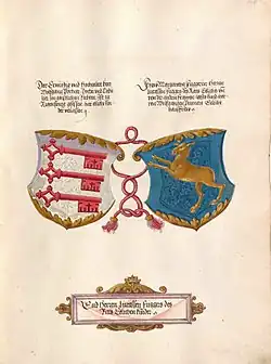 Geheimes Ehrenbuch der Fugger, hergestellt in der Werkstatt Jörg Breu d. J., 1545–1549, Wappen Wolfgang Portner und der Margaretha Fuggerin (Fugger vom Reh), 1545 und 1549
