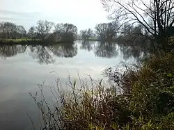 Durch das Wehr Wahnhausen aufgestaute, seeartig breite Fulda unterhalb von Kassel im November
