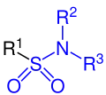 Allgemeine Struktur der Sulfonsäureamide mit dem blau markierten Sulfamoyl-Rest. R = H oder Organylgruppe