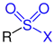Allgemeine Struktur der Sulfonsäurehalogenide mit dem blau markierten Halogensulfonyl-Rest