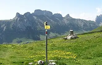 Furgglenfirst von Nordost gesehen von der Alp Sigel; links Stauberen, dann die Hüser, Hochhus und Saxer Lücke als Abschluss, danach folgt die Chrüzberg-Wand.