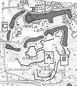 Lage der kaiserlichen Gräber: A -&nbsp;Meiji, B -&nbsp;Shōken, C -&nbsp;Kammu