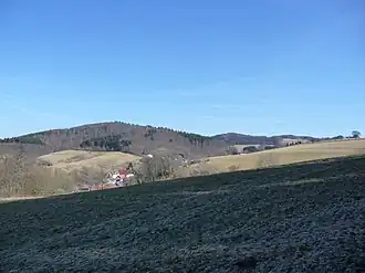 Der Götzenstein aus dem Südwesten hinter dem Taleinschnitt des Kallstädter Bachs mit Löhrbach