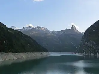 Güferhorn, Furggeltihorn, Zervreilahorn und Pizzo Cassinello (v.l.n.r) aufgenommen von der Staumauer des Zervreilasees