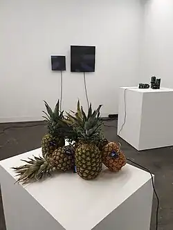 Skulpturen von Gabriella Torres-Ferrer aus Ananas, Dosen und Displays am Messestand der Galerie Embajada auf der Kunstmesse LISTE in Basel im Jahr 2022
