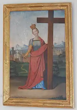 Gemälde der heiligen Helena mit dem Kreuz an der Südwand des Langhauses, signiert von Jakob Auffinger (1808–1871) in Burgau, 1844[70]